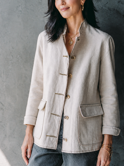 Women's Simple Commuter Off White Cotton Linen Stand Collar Contrast Stitched Patch Pockets Jacket MDZ1566G2GMJ
