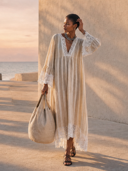 Women's Minimalist Beige Vertical-Stripe Maxi Dress With White Lace Trim And Flared Long Sleeves MDZ1745F9ZRK
