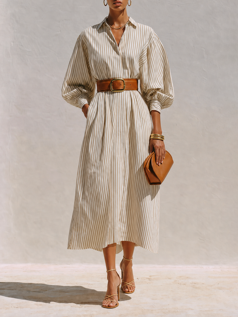 Women's Elegant Ivory Cotton Blend Pinstripe Collared Button-Front Balloon Sleeve Belted Midi Shirt Dress MDZ0739G0ZSQ