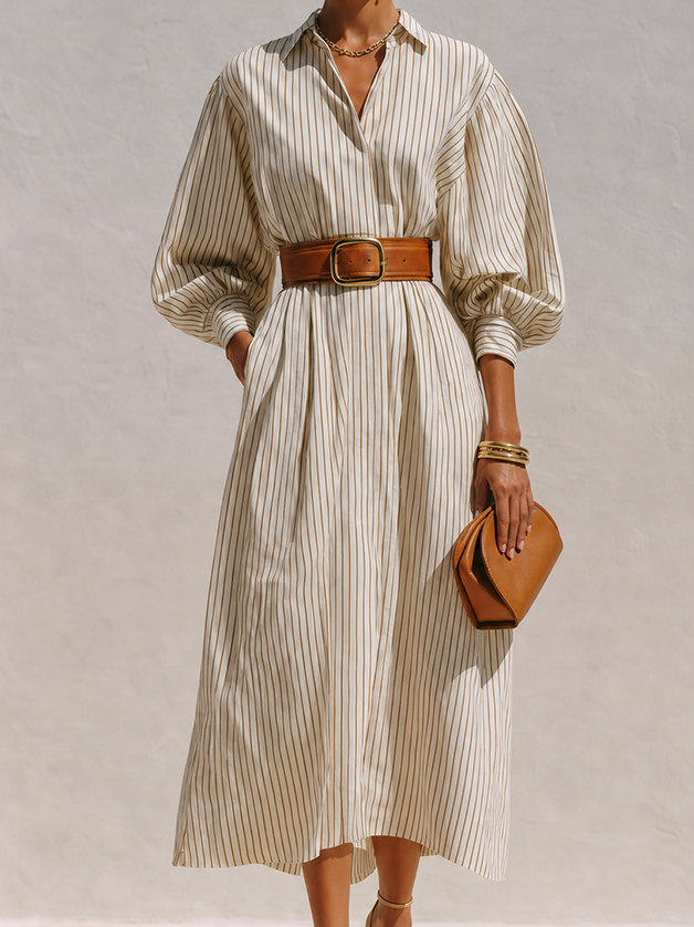 Women's Elegant Ivory Cotton Blend Pinstripe Collared Button-Front Balloon Sleeve Belted Midi Shirt Dress MDZ0739G0ZSQ