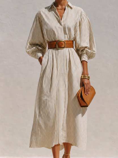 Women's Elegant Ivory Cotton Blend Pinstripe Collared Button-Front Balloon Sleeve Belted Midi Shirt Dress MDZ0739G0ZSQ