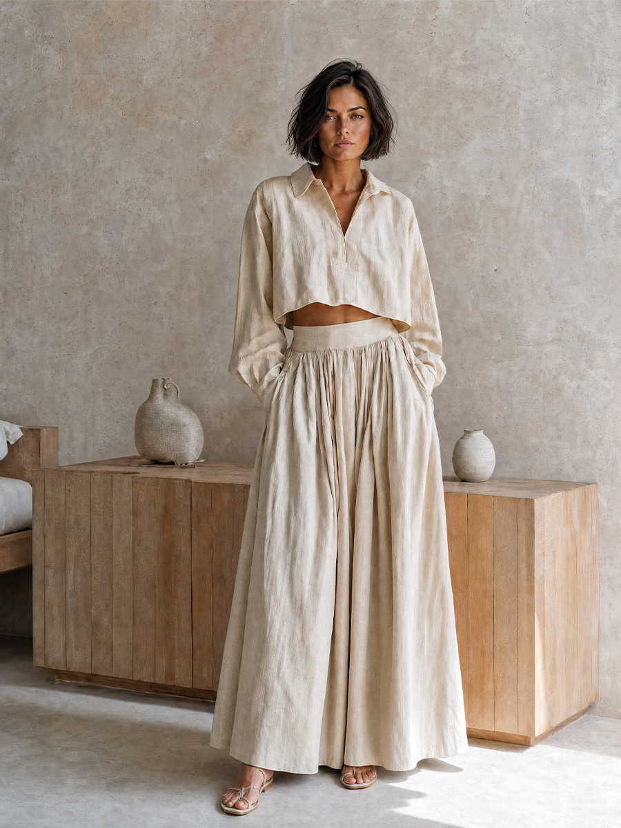 Women's Vacation-Style Beige Cotton-Linen Collared Dropped-Shoulder Long-Sleeve Cropped Top + High-Waist Pleated Wide-Leg Pants MDZ0766G0CMX