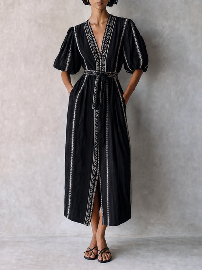 Women's Bohemian Black Cotton Blend V-Neck Puff Sleeve Geometric Embroidery Belted Midi DressMDZ0712G1ZSQ