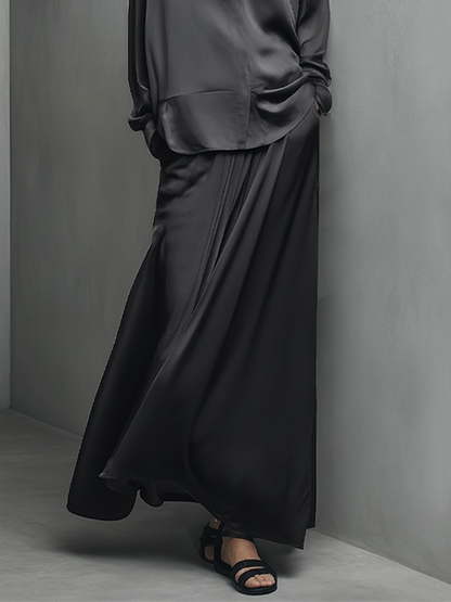Women's Black Glossy Satin Matching Outfit With Turn Down Collar Shirt & Wide Swing Maxi Skirt, Versatile Evening Vacation Two-Piece Set MDZ1375G3LYL