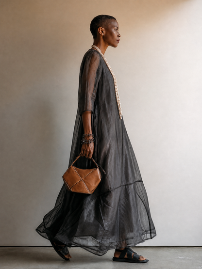 Women’s Dark Gray Minimalist Sheer Chiffon Overlay Round Neck Mid Sleeve Flowy Tiered Oversized Maxi Dress MDZ0299G1T