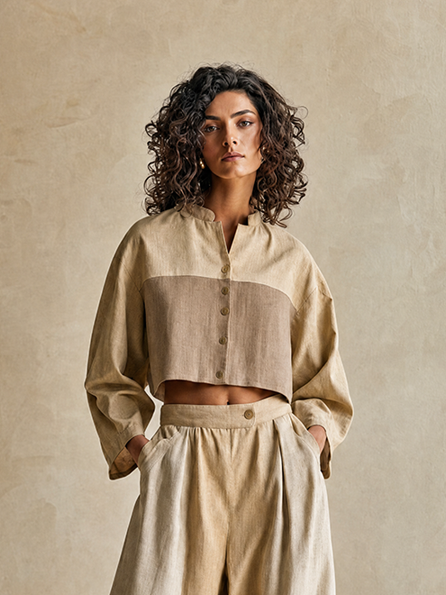 Women's Relax Vacation Khaki Color Block Stand Collar Long Sleeve Cropped Top & Wide Leg Pants Set MDZ0642G5Q