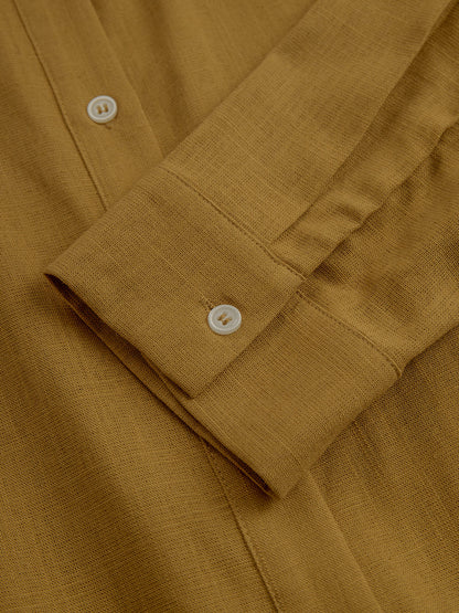 Women's Mustard Elegant Linen Blended Button - Front Belted Midi Shirt Dress MDA1800I6I