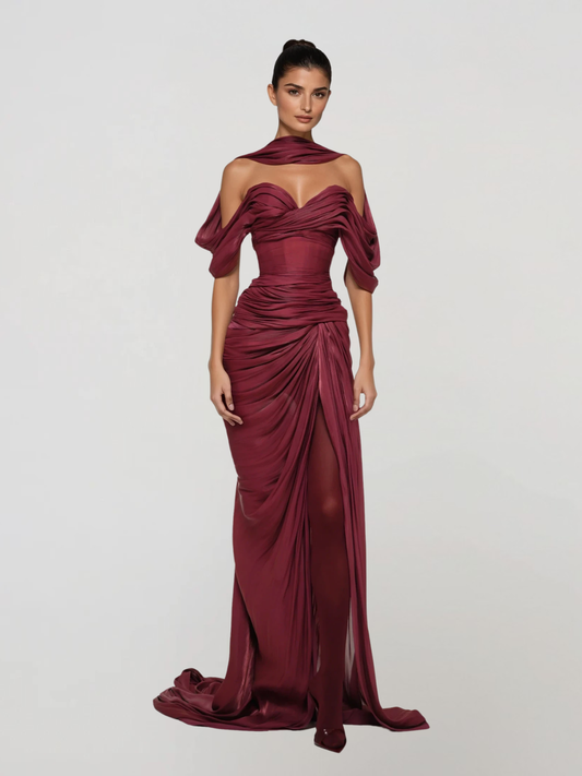 Drexen Off Shoulder Draped Maxi Dress In Wine