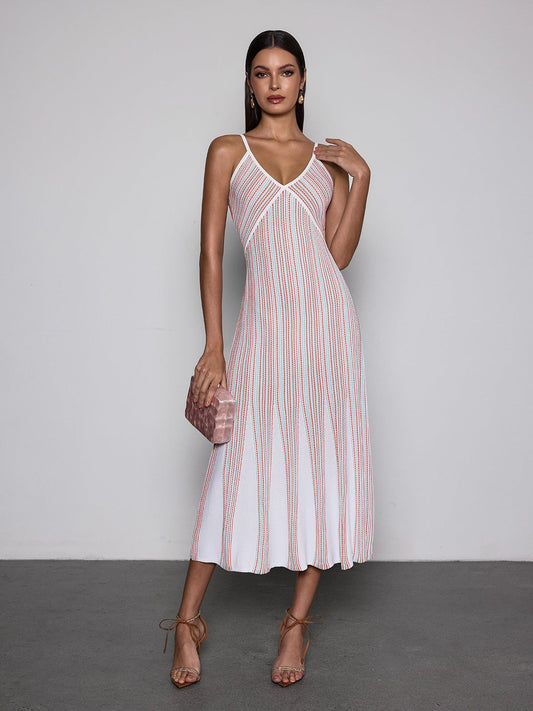 Favixor V Neck Stripe Knit Midi Dress