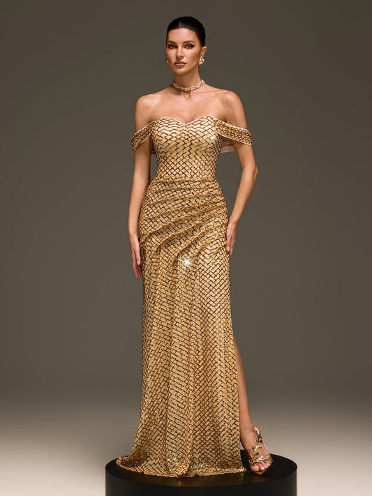 Glein Off Shoulder Sequin Split Maxi Dress