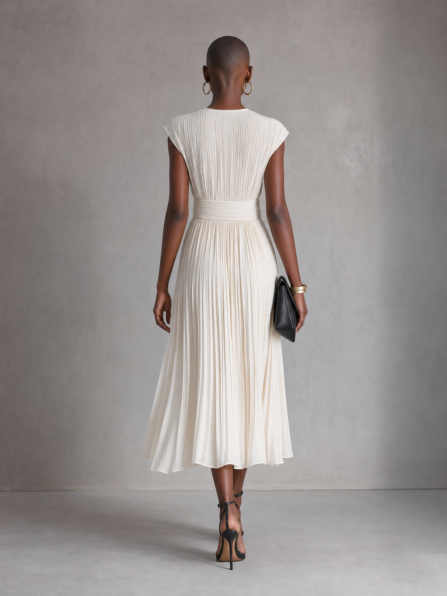 Women's Elegant Ivory Pleated Deep V-Neck Cap Sleeve Wide Waistband Flowy Midi Dress MDZ0392G2O