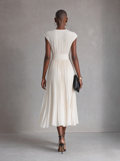 Women's Elegant Ivory Pleated Deep V-Neck Cap Sleeve Wide Waistband Flowy Midi Dress MDZ0392G2O