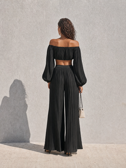 Women's Vacation Style Black Pleated Off Shoulder Puff Long Sleeve Cropped Top Wide Leg Pants Set MDZ0605G8Q