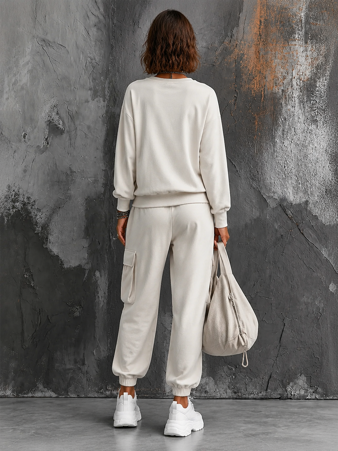 Women's Casual Street Style Off-White Cotton Blend Crew Neck Long-Sleeve Sweatshirt And Cargo Pocket Jogger Pants Set MDZ0630G1GMJ