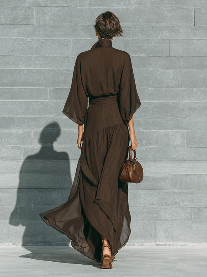 Women's Dark Brown Matte Satin Tie-Neck Three-Quarter Sleeve Dress MDZ0716G2YZJ