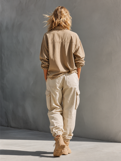 Women's Khaki & Cream Cotton Two-Piece Set With Oversized Chest Pocket Shirt & Multi-Pocket Cargo Jogger Pants, Streetwear Neutral Casual Matching Outfit MDZ0750G3LYL