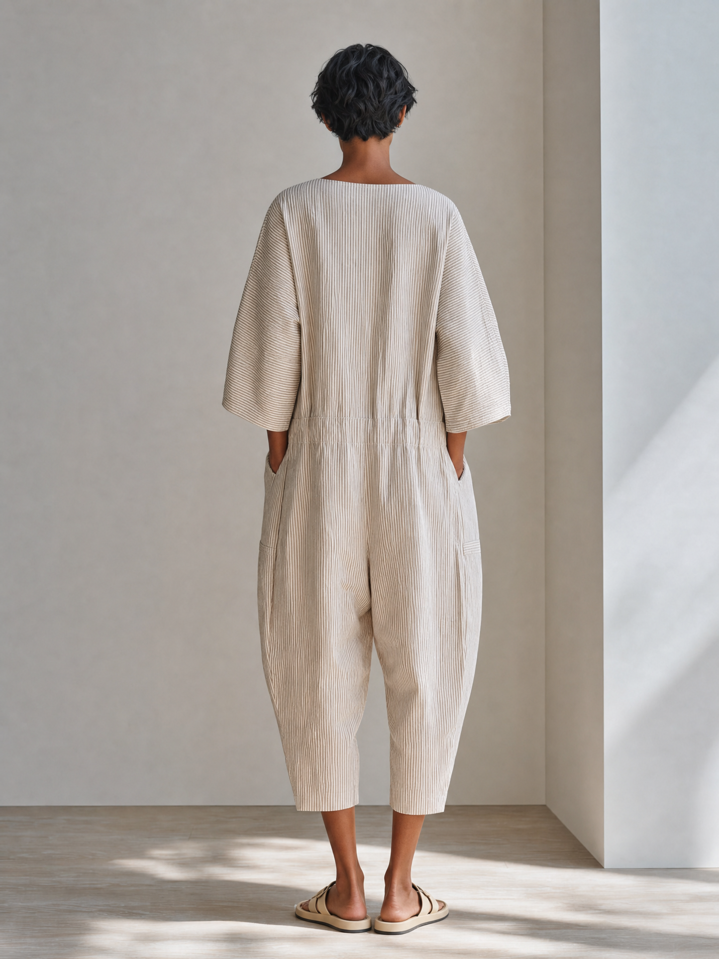 Women's Minimalist Beige Cotton Linen Blend Pinstripe Round Neck Dropped Shoulder Oversized Cropped Jumpsuit MDZ0753G0ZSQ