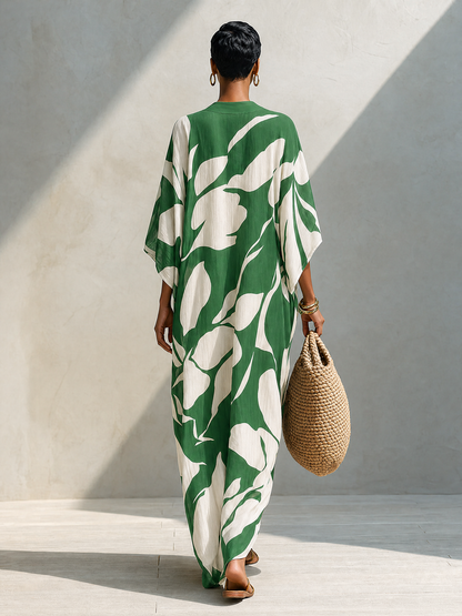Women's Resort Style White Linen Long Dress With Green Leaf Print MDZ0764G4ZRK