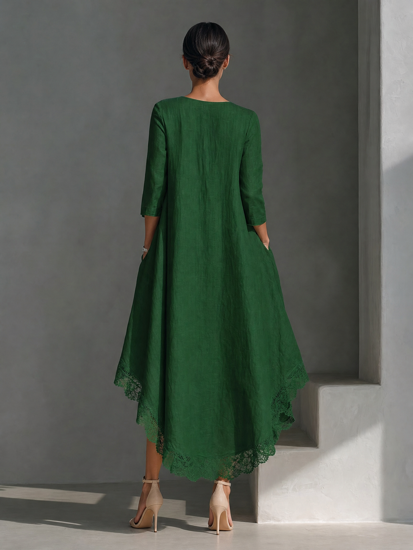 Women's Forest Green Cotton-linen Blend Lace Trim High Low Hem V Neck Three Quarter Sleeve Loose Dress MDZ0784G0YZJ