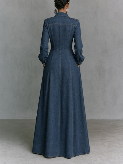 Women's Minimalist Long-Sleeve Denim Maxi Dress With Collar And Epaulettes MDZ0893G9WY