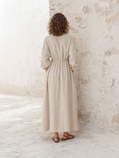 Women's Elegant Casual Off-White Cotton-Linen Drawstring Waist Stand-Collar Long-Sleeve Maxi Dress MDZ0979G6CMX