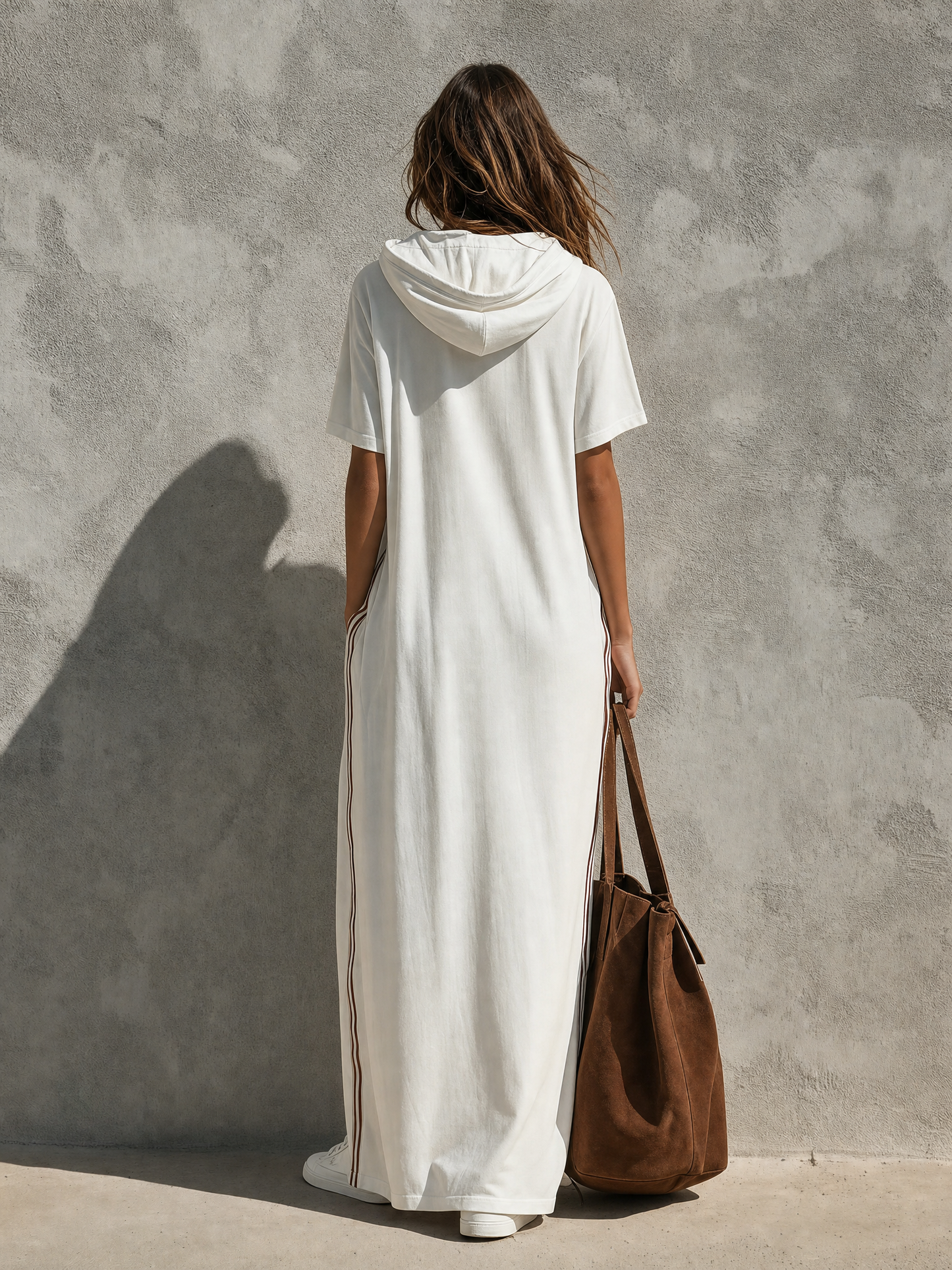 Women's Casual White Woven Hooded Short-sleeve Sporty Maxi Dress MDZ0987G2LXY
