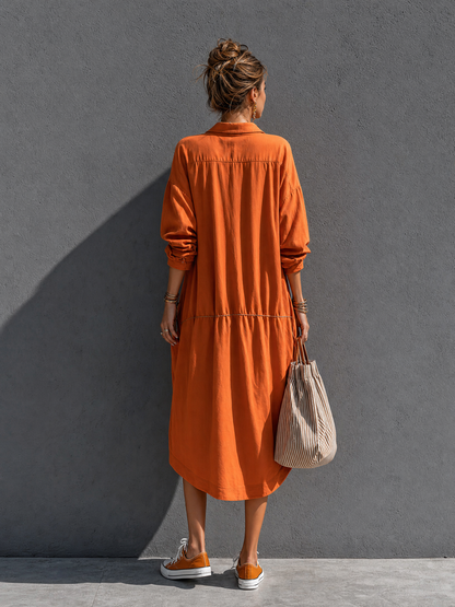 Women's Vacation Casual Orange Cotton Blend Lapel Drawstring Waist Irregular Midi Dress MDZ1019G8GMJ