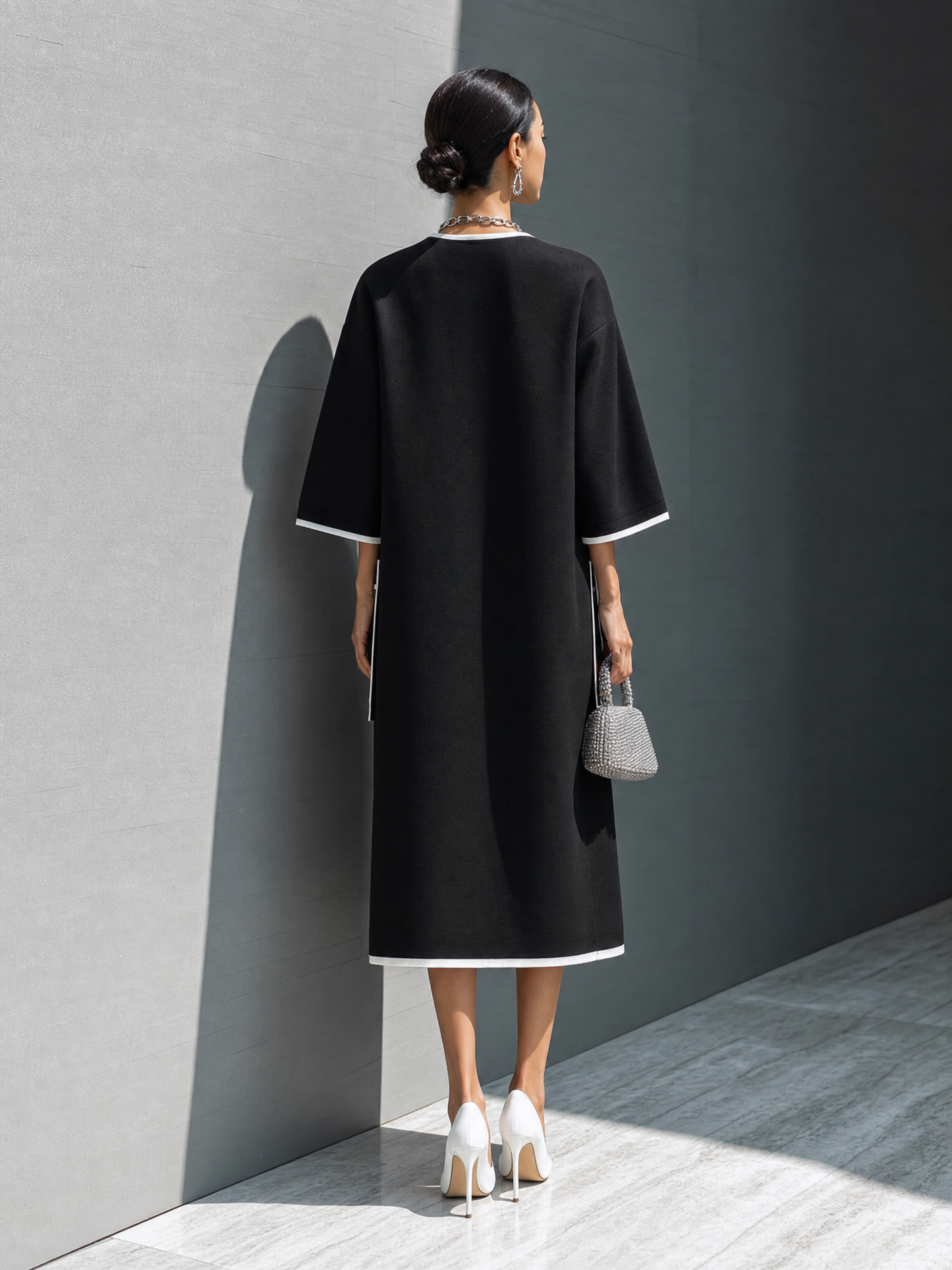 Women's Luxury Commuter Black Cotton Blend Contrast Stitch Patch Pocket 3/4 Sleeve Midi Dress MDZ1060G4GMJ