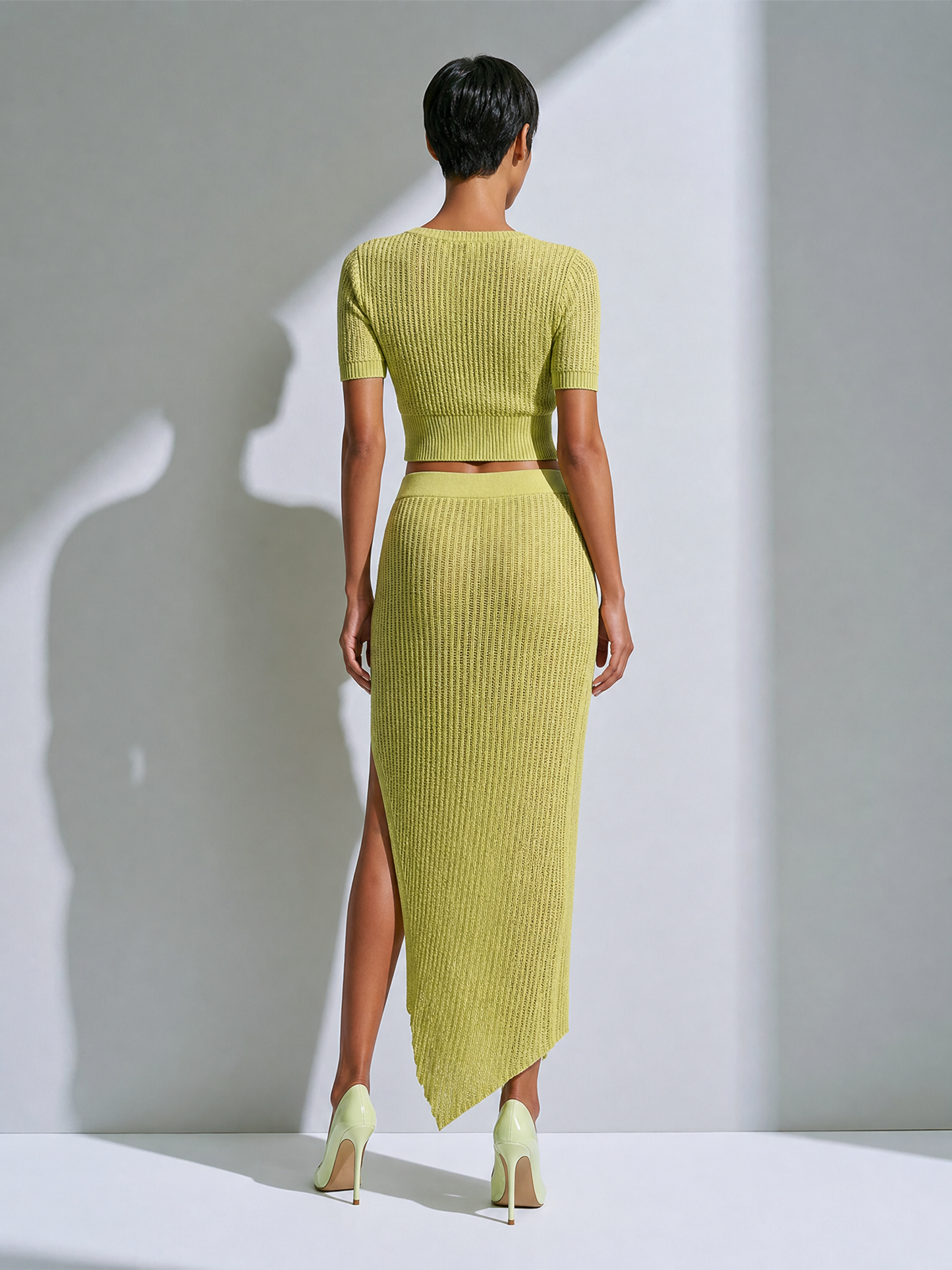 Women's Chic Lime Green Ribbed Knit V-Neck Button-Front Short Sleeve Cropped Cardigan And Side Slit Midi Skirt Two-Piece Set MDZ1376G2ZSQ