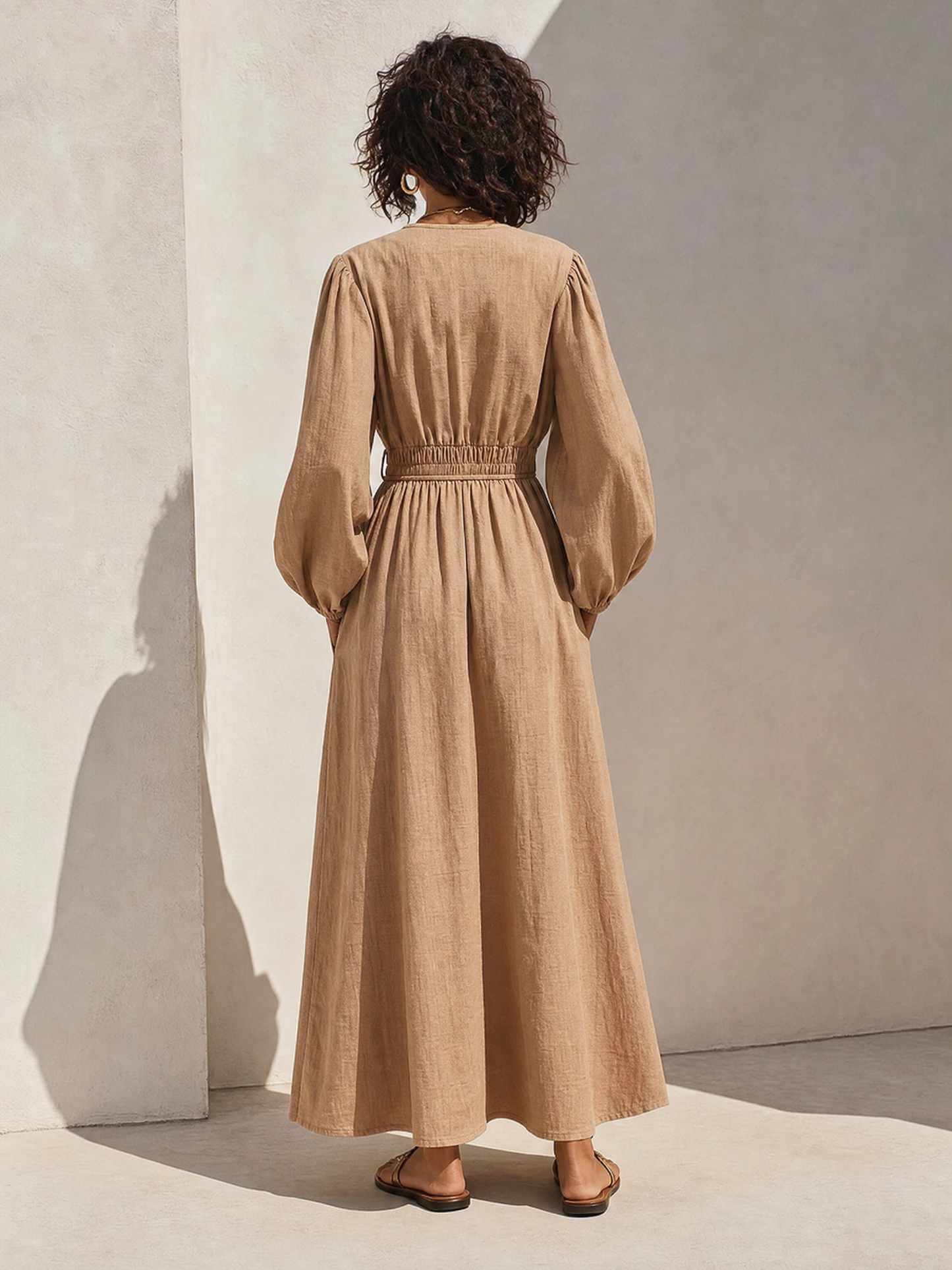 Women's Resort-Style Caramel V-Neck Bishop-Sleeve Drawstring Belted Cinched-Waist Linen Maxi Dress MDZ1378G7CMX