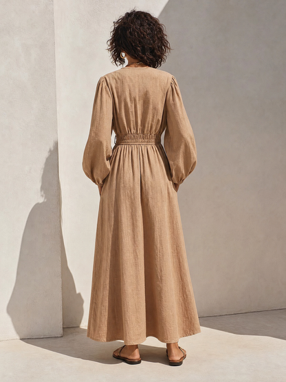 Women's Resort-Style Caramel V-Neck Bishop-Sleeve Drawstring Belted Cinched-Waist Linen Maxi Dress MDZ1378G7CMX