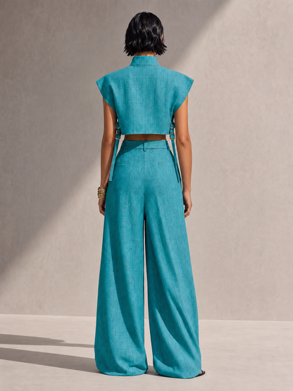 Women's Modern Teal Linen Blend Mock Neck Sleeveless Cropped Top And High-Waist Belted Wide-Leg Pants Two-Piece Set MDZ1383G1ZSQ