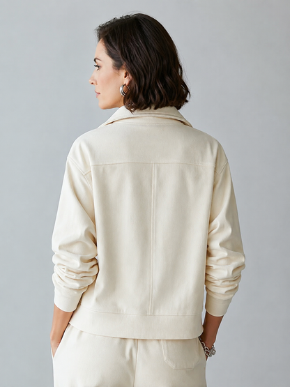 Women's Cream Corduroy Zip Up Jacket With Stand Collar & Dual Patch Chest Pockets, Minimalist Loose Casual Long Sleeve Outerwear MDZ1402G5LYL