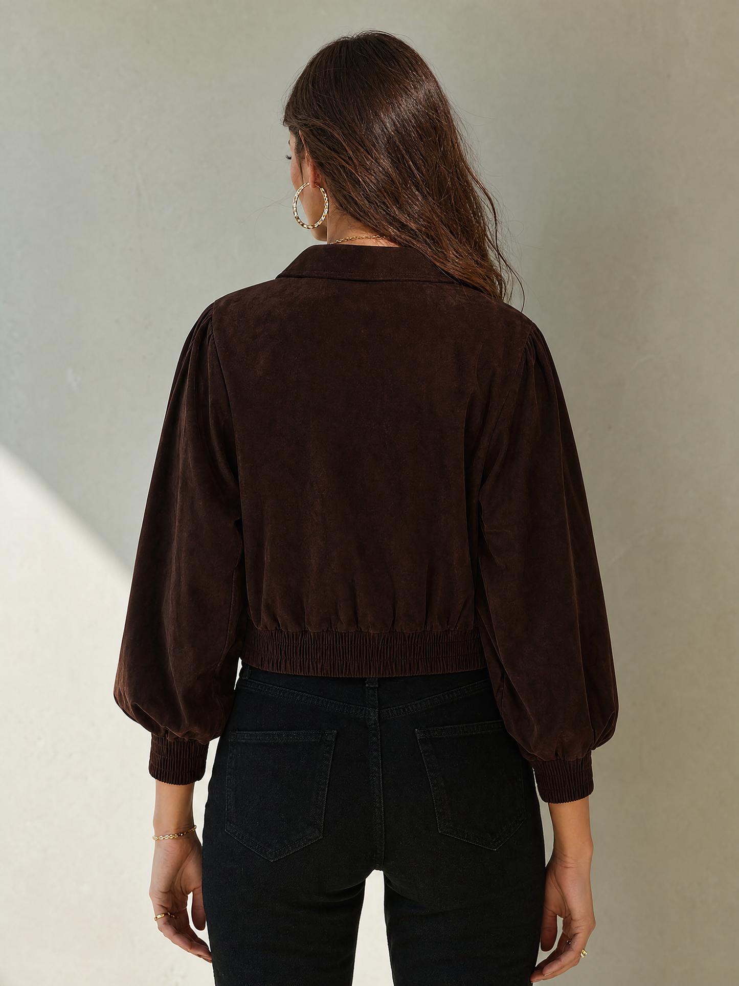 Women's Stylish Cropped Faux Suede Zip-Up Jacket With Lapel Collar MDZ1419G3ZRK