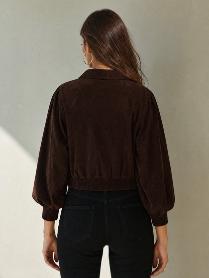Women's Stylish Cropped Faux Suede Zip-Up Jacket With Lapel Collar MDZ1419G3ZRK