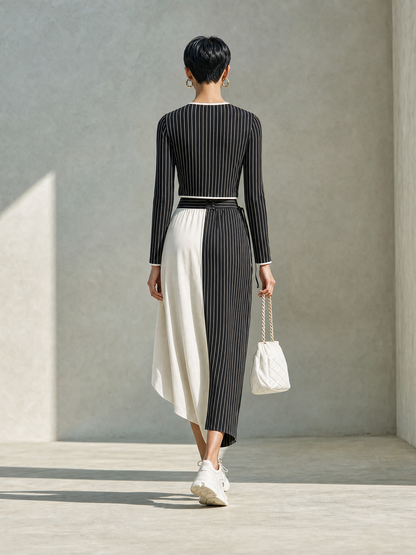 Women's Modern Black And White Pinstripe Knit Round Neck Long Sleeve Cropped Top And Contrast Wide-Leg Pants Two-Piece Set MDZ1436G2ZSQ