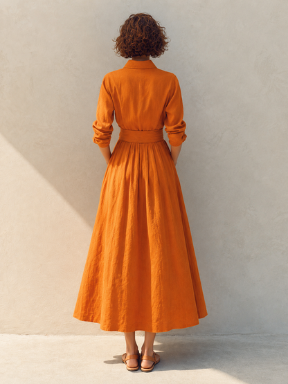Women's Resort-Style Orange Collared Long-Sleeve Belted Cinched-Waist Linen Shirt Midi Dress MDZ1443G2CMX