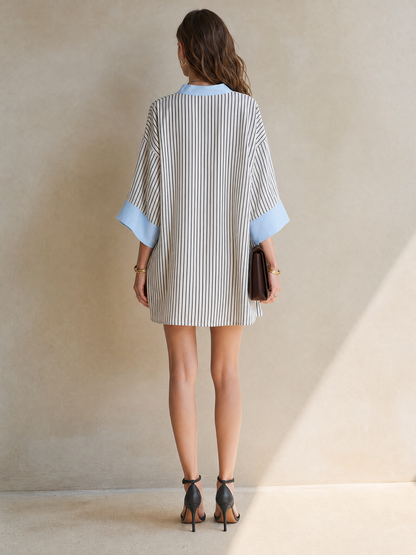 Women's Minimalist Vertical‑Striped Mini Dress With Light‑Blue Contrast Trim And Three‑Quarter Sleeves MDZ1480G2ZRK