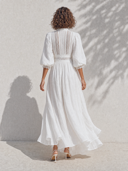 Women's Resort-Style White Stand-Collar Bishop-Sleeve Lace-Cutout-Paneled Cinched-Waist Linen Maxi Dress MDZ1502G4CMX