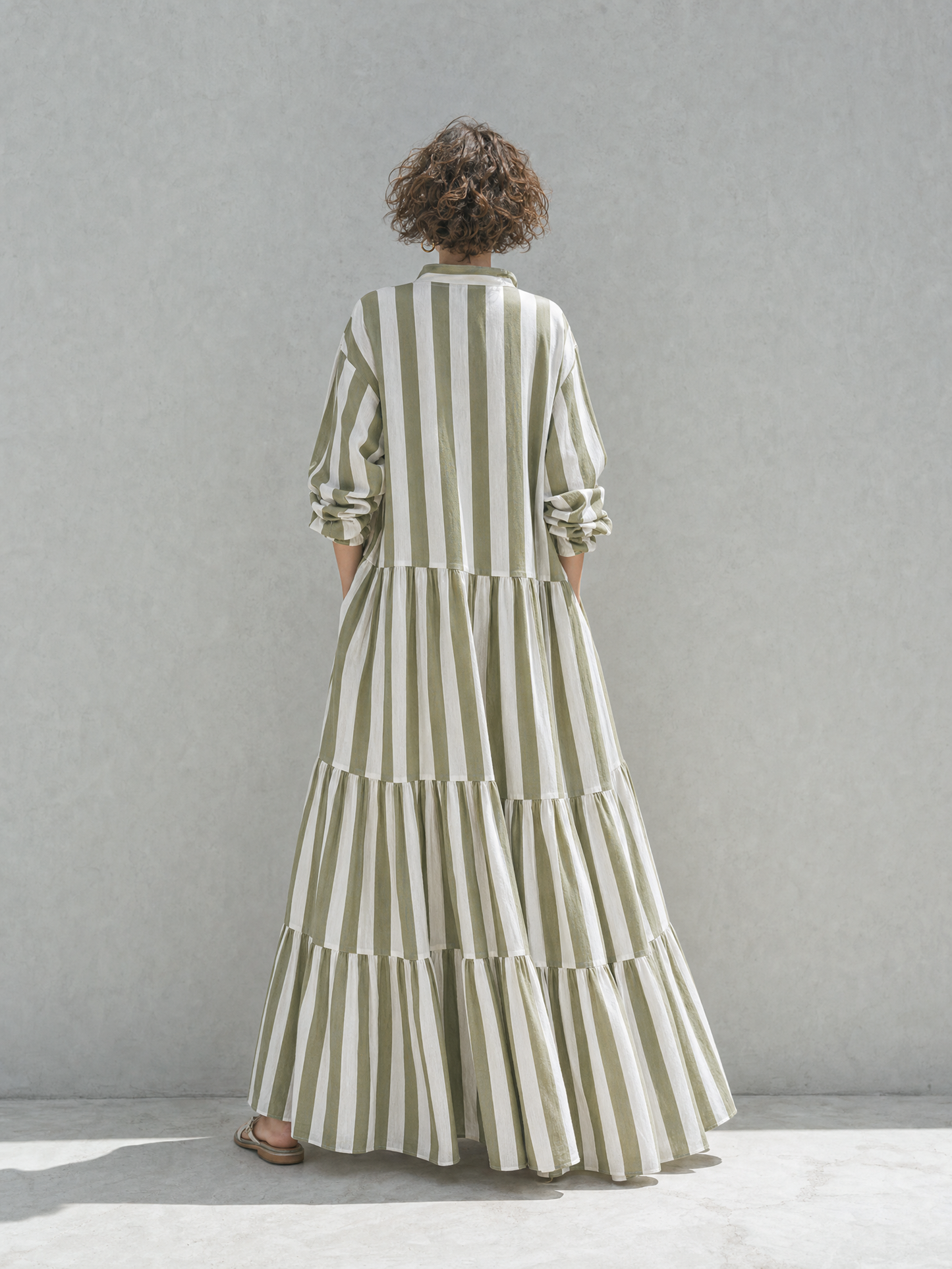 Women's Resort-Style Green And White Striped Stand-Collar Zip Long-Sleeve Tiered Full-Flare Cotton Maxi Dress MDZ1532G2CMX