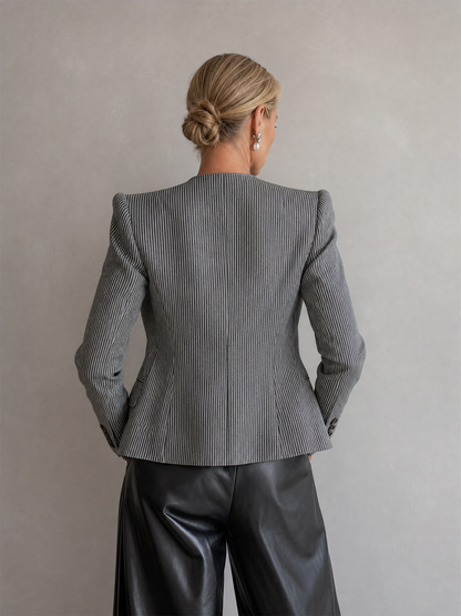Women's Grey White Striped Woven Blazer With Standless Crew Neck & Cuff Button Accents, Minimalist Vintage Office Long Sleeve Jacket MDZ1552G7LYL