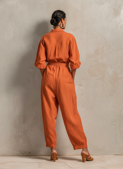 Women's Minimalist Cotton-Linen Jumpsuit With Belt — Wide-Leg Trousers And Mid-Length Sleeves MDZ2965E9ZJW