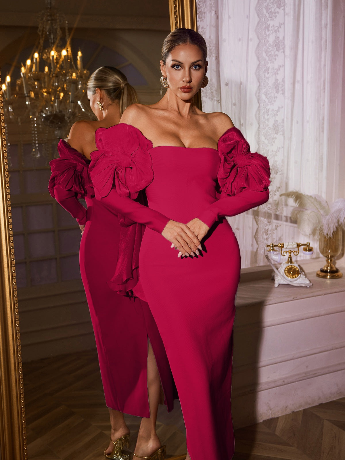 Naida Off Shoulder Flower Bandage Midi Dress In Hot Pink