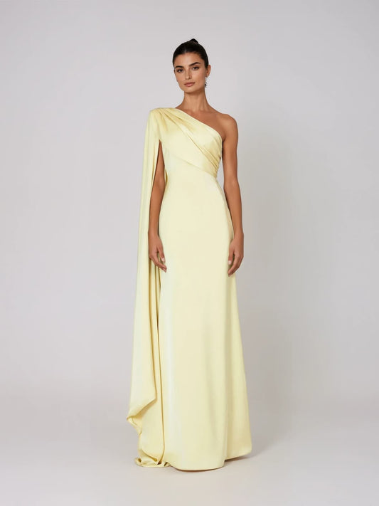 Xelvyn One Shoulder Draped Satin Maxi Dress In Yellow