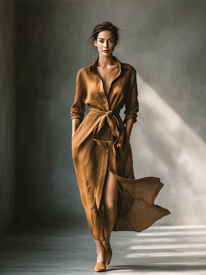 Women's Vintage Brown Blend Shirt Maxi Dress MDA2898G6I