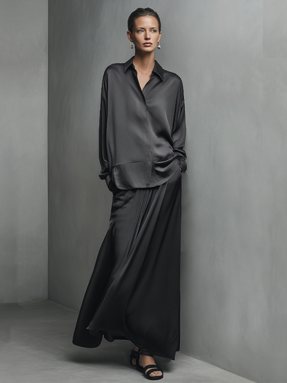Women's Black Glossy Satin Matching Outfit With Turn Down Collar Shirt & Wide Swing Maxi Skirt, Versatile Evening Vacation Two-Piece Set MDZ1375G3LYL
