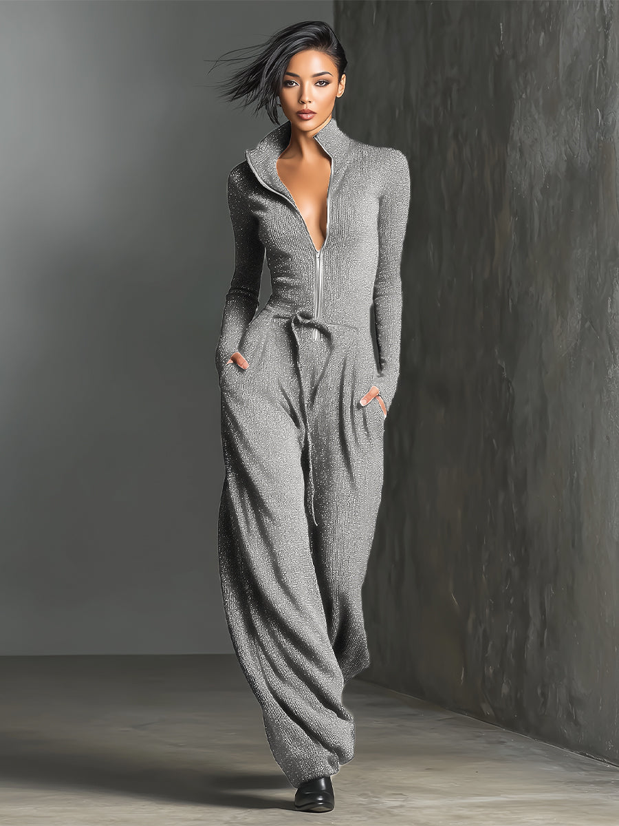 Women's Elegant Knit Sparkling Zipper Front Jumpsuit MDA2560G5I