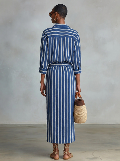Women's Royal Blue White Stripe Cotton-Blend Co-Ord With Button Front Blouse & Elastic Waist Straight Maxi Skirt, Effortless-Chic Summer Daily Outfit MDZ2304F8LYL