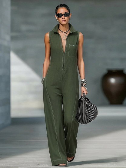 Women's Minimalist Loose-fitting White Trim Sleeveless Jumpsuit MDA3086L9Y