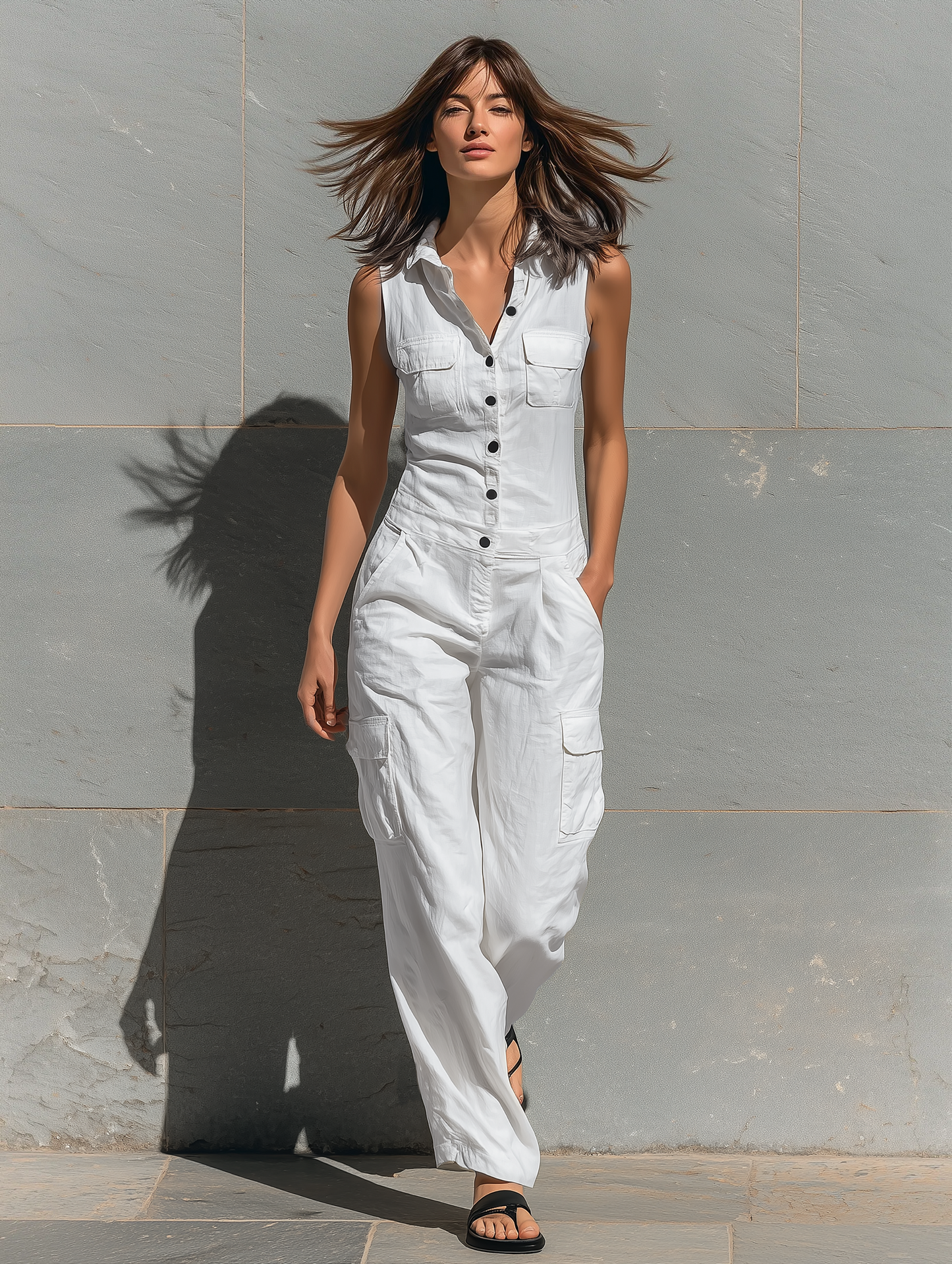 Women's Minimalist Cotton Blend Single-breasted Sleeveless Jumpsuit MDZ1304A4Y